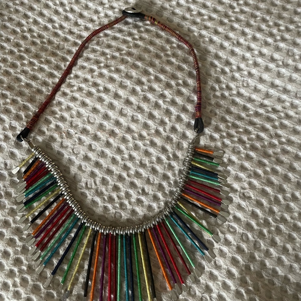 Red and Green Geometric Necklace with Fan Pattern.  Worn 1x